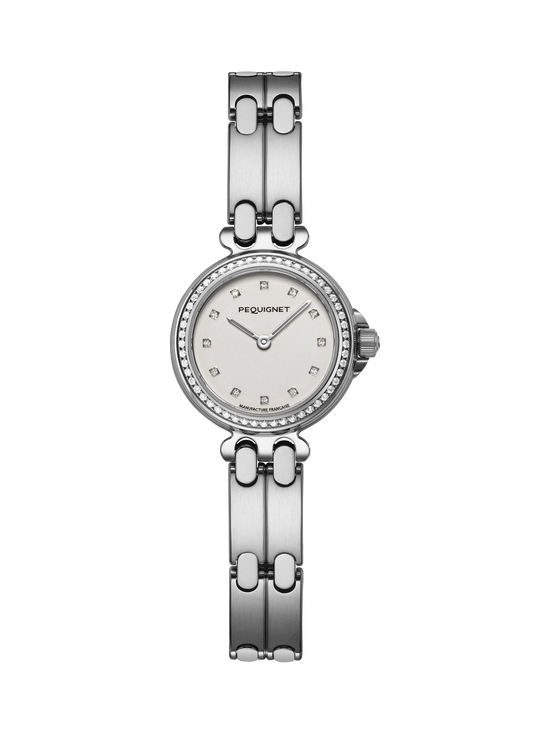 Moorea Watch Opaline white dial, diamonds index, bezel set with diamonds